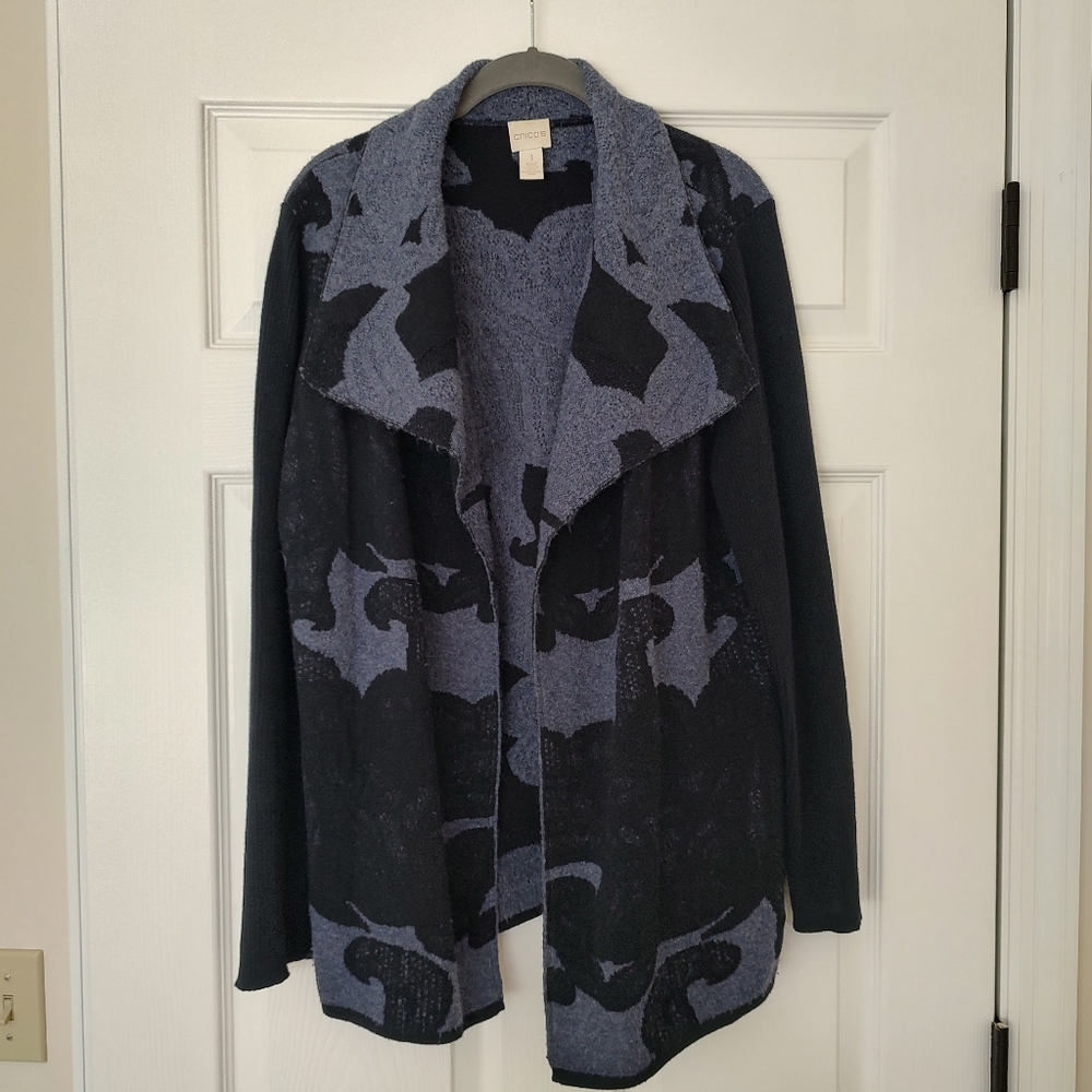 Chico's Jacket Alpaca Wool Cotton Blend Blue Black Size 1 M